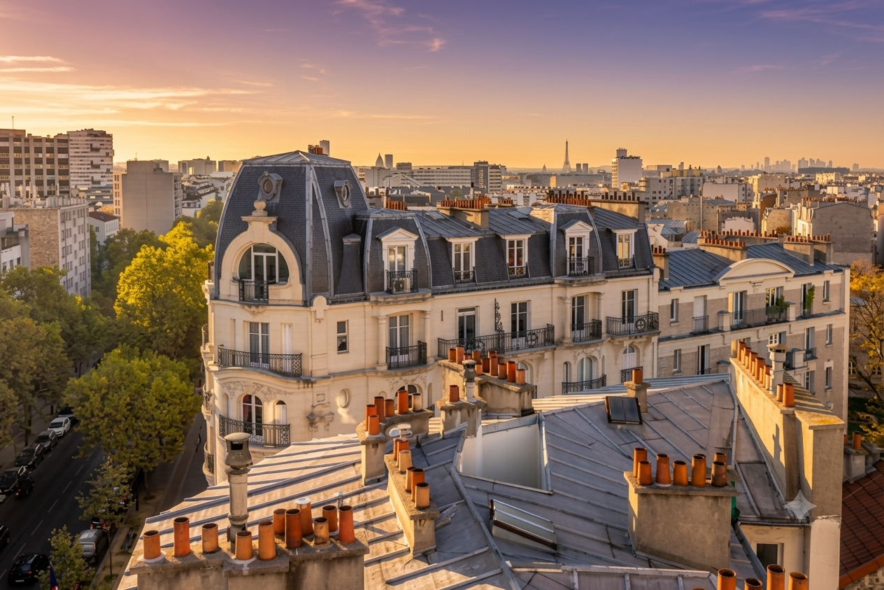 Toits parisiens en zinc, lucarnes et cheminées, vue sur la ville au coucher du soleil.